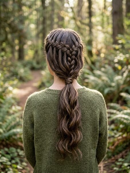 Back view of a woman with brunette wavy hair styled in a waterfall braid, wearing a green knitted sweater.