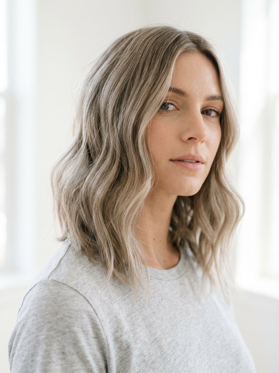 Portrait of a woman wearing a grey t-shirt with soft, wavy blonde highlights.
