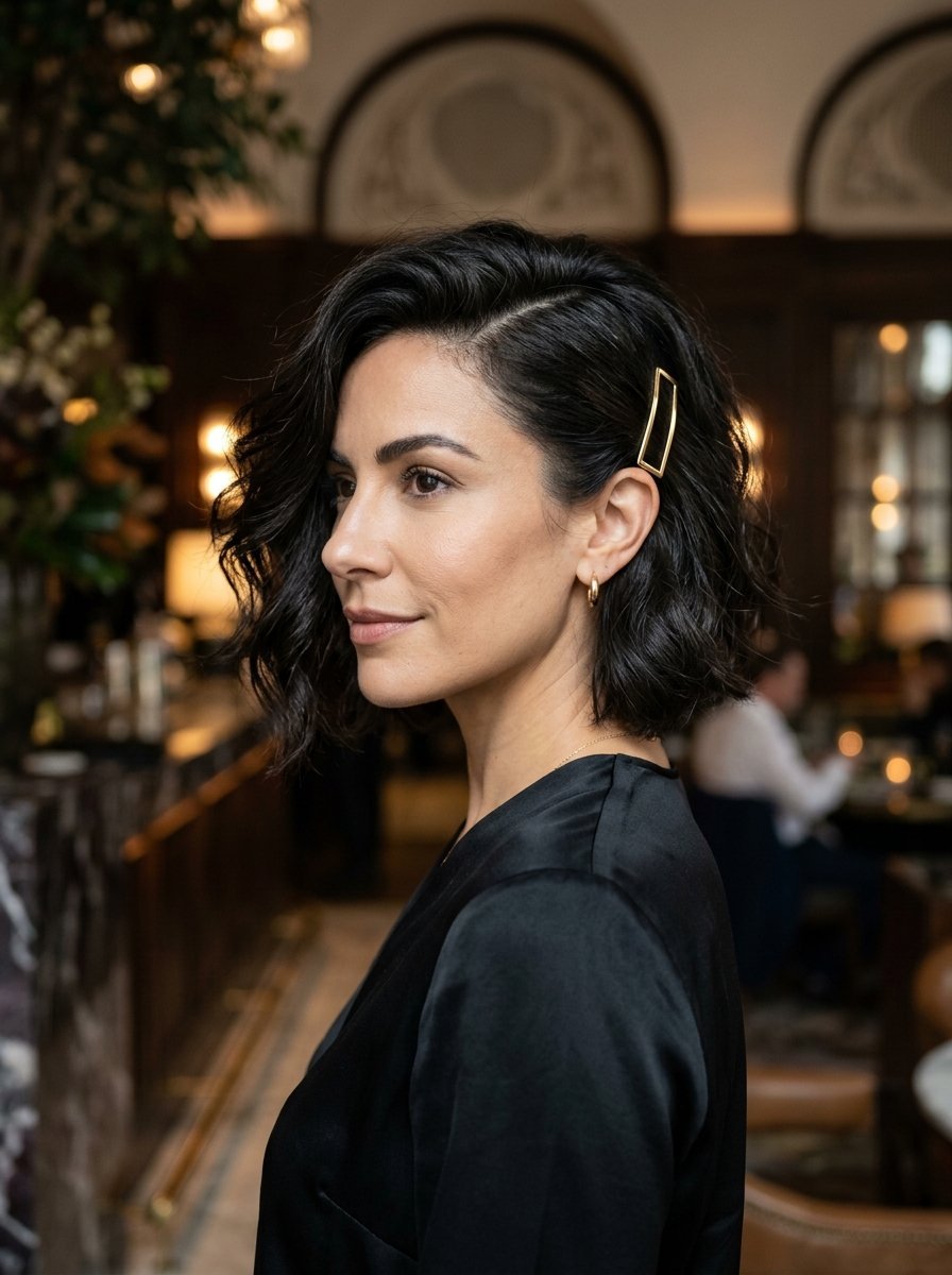 Profile view of a woman with short dark wavy hair styled with a rectangular gold hair clip in a dim restaurant.