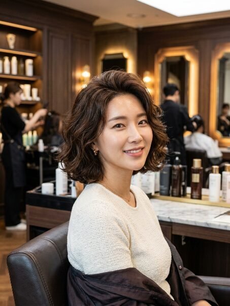 Close-up of a smiling woman with wavy brunette hair sitting in a professional hair salon chair.