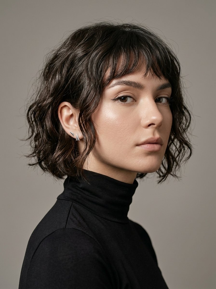 Side profile of a woman with a textured wavy bob haircut and minimalist silver triangle earrings.