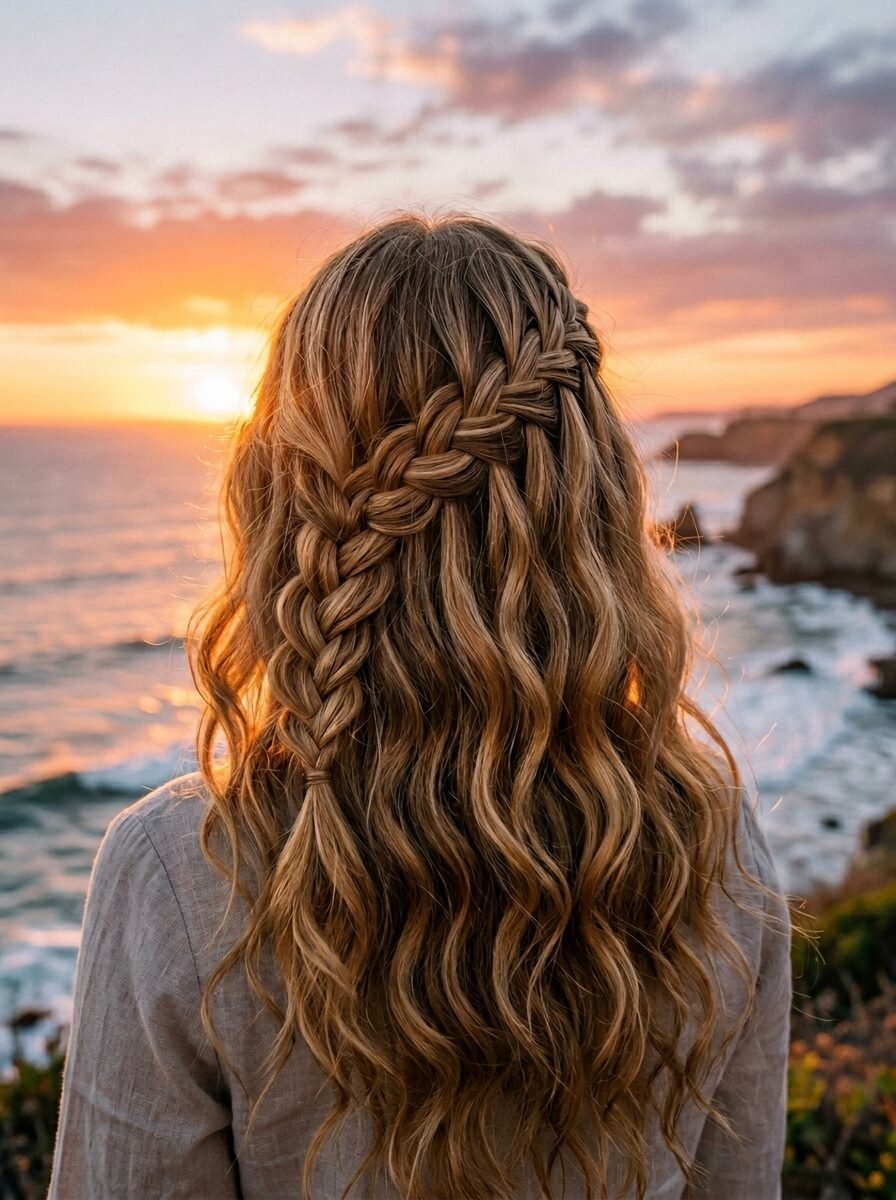 Back view of a woman with long wavy blonde hair featuring a side braid overlooking a coastal sunset.