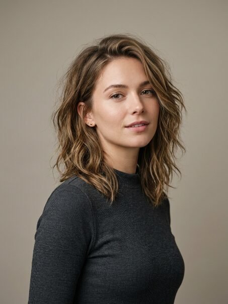 A side profile portrait of a young woman with light brown wavy hair wearing a grey ribbed sweater.