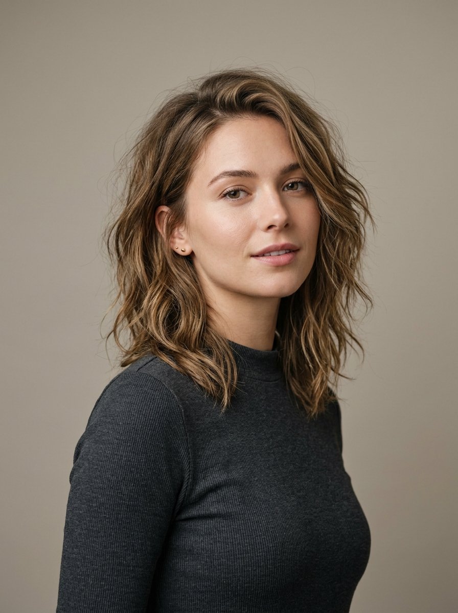 Close up headshot of a woman with shoulder-length wavy brown hair wearing a dark grey ribbed top.