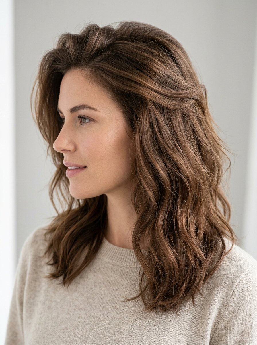 Profile portrait of a brunette woman with shoulder-length wavy hair wearing a tan sweater.
