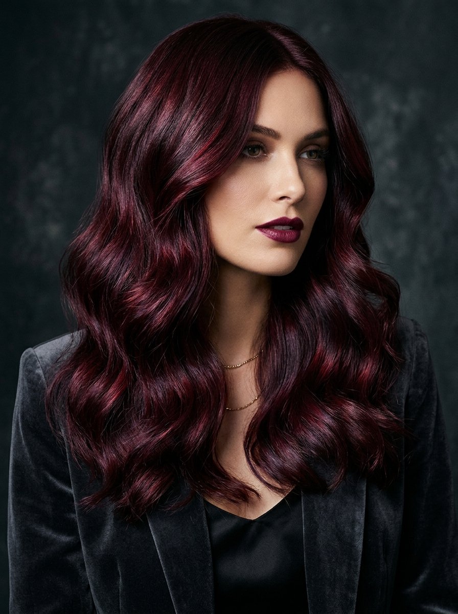 Portrait of a woman wearing a velvet blazer featuring styled dark red hair and bold plum lipstick.
