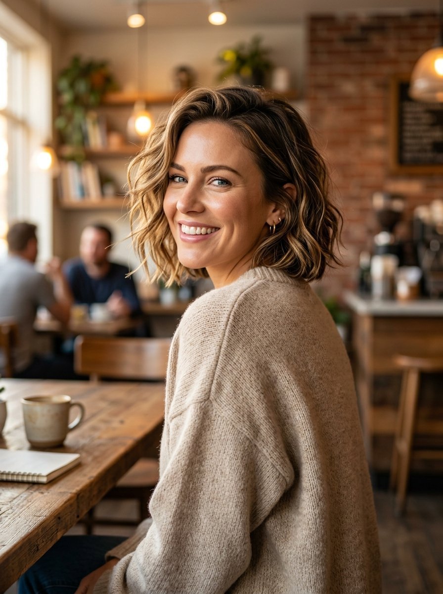 A smiling woman with shoulder-length wavy brown hair wearing a cozy beige sweater in a cafe setting.