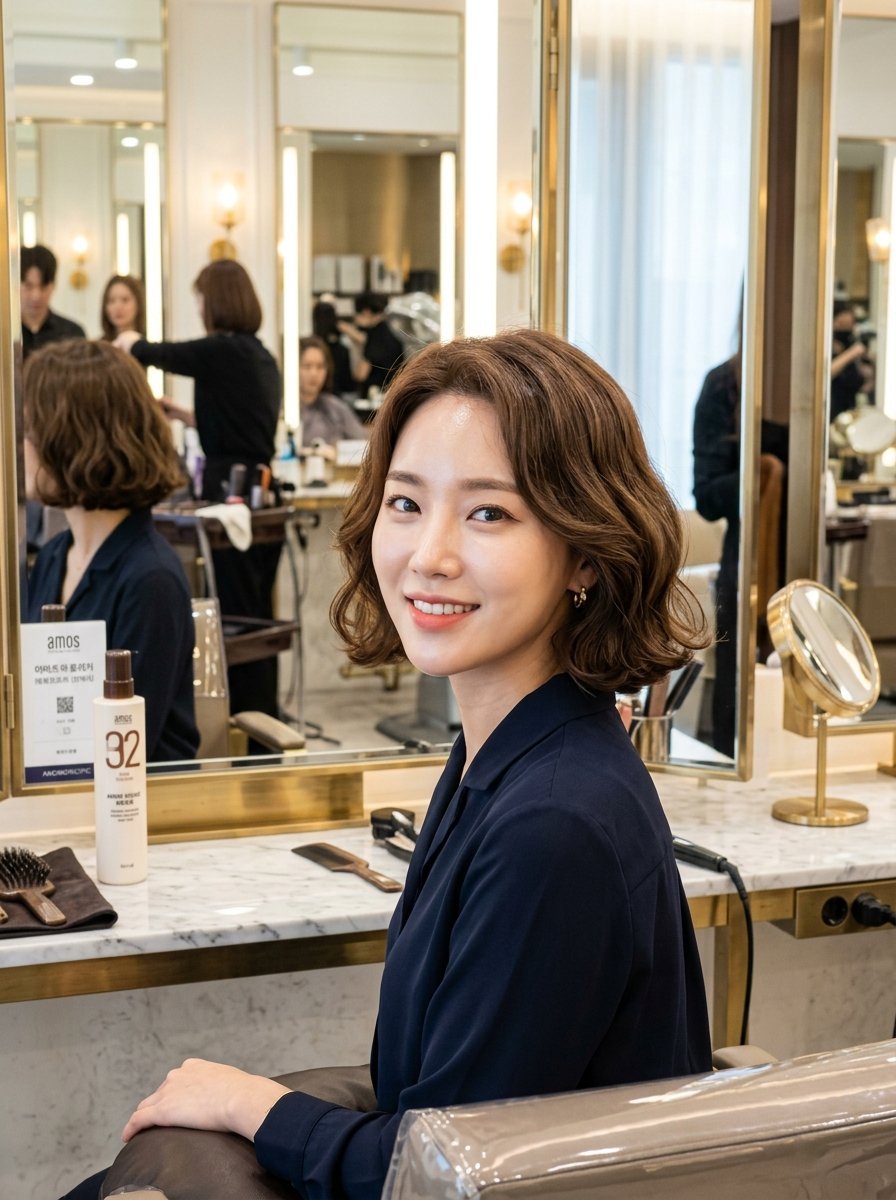 A woman with short brown wavy hair smiles while sitting in front of a mirror at a professional hair salon.