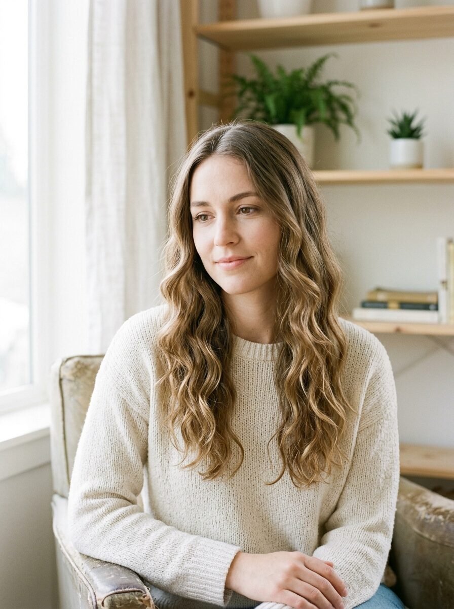 A woman with long wavy brown hair sitting in a vintage armchair by a window.