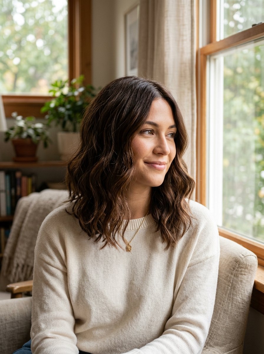 Young woman with brown wavy hair wearing a white sweater sitting in an armchair by a window.