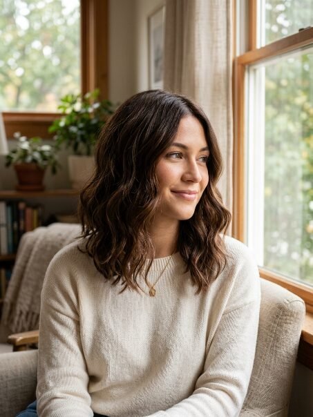 Portrait of a woman wearing a cream sweater, sitting in an armchair next to a window with plants in the background.