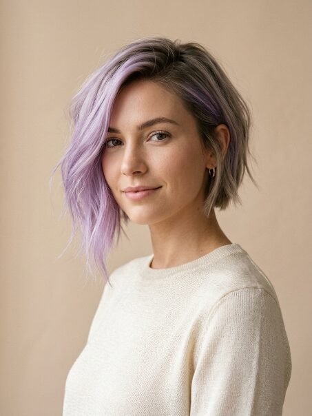 Close-up portrait of a woman wearing a white sweater with side-parted wavy hair dyed in shades of pastel purple.