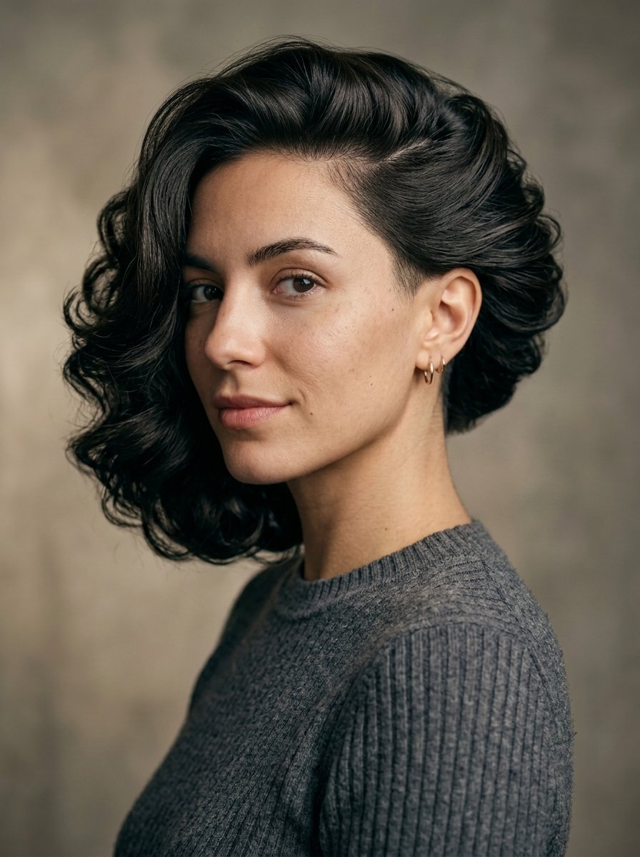 A side profile portrait of a woman wearing a grey ribbed sweater against a textured neutral background.