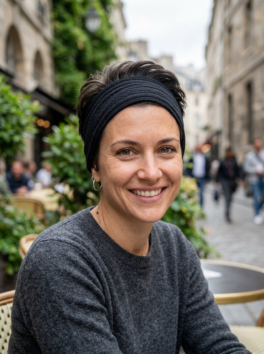 Close-up portrait of a woman with short dark hair and a black headband sitting at an outdoor bistro table.