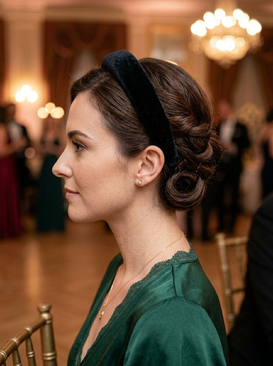 Side profile view of a woman with braided low bun hairstyle and a wide black velvet headband.