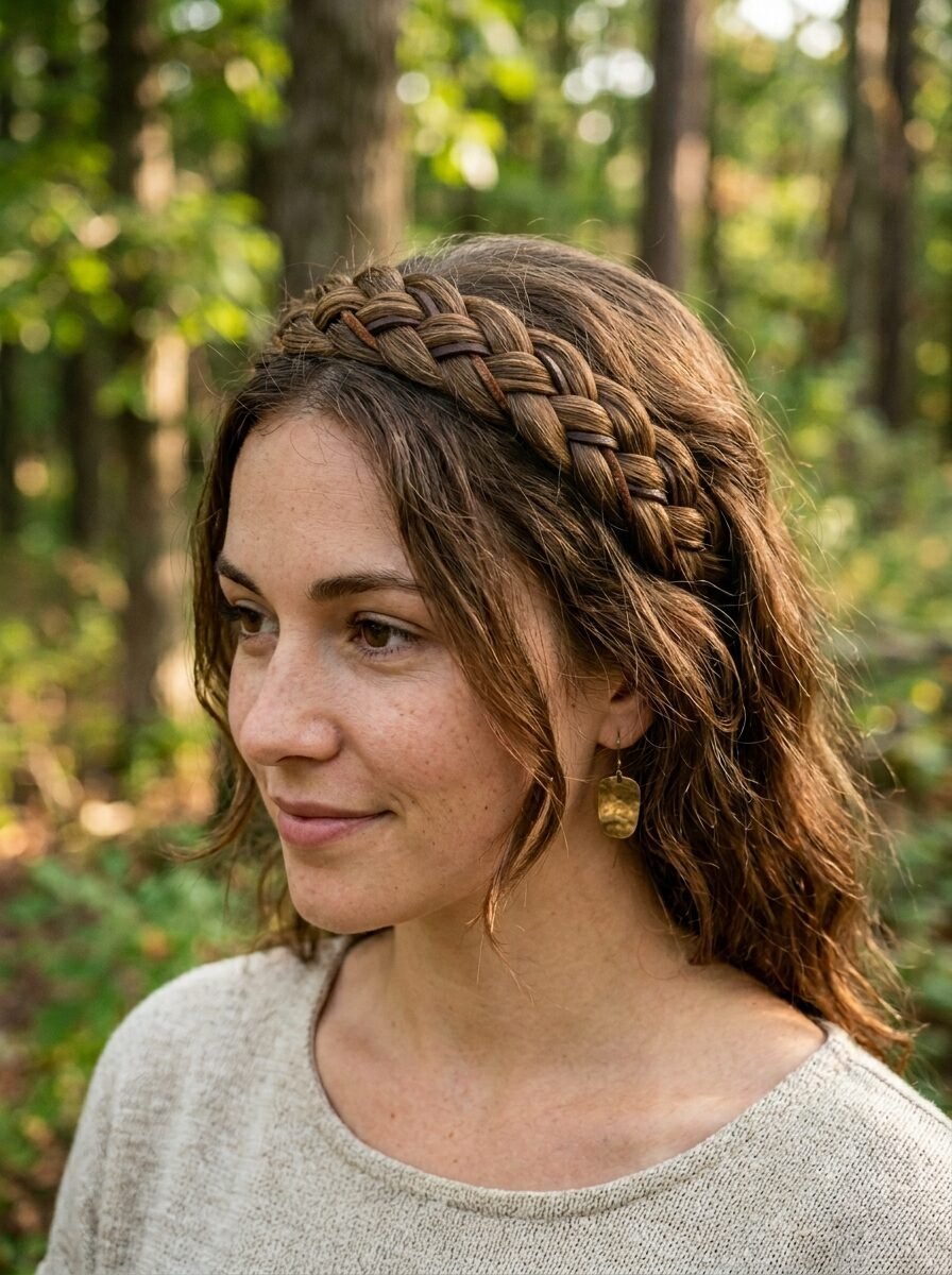 Portrait of a woman outdoors with a thick braid wrapped around her head and gold dangle earrings.