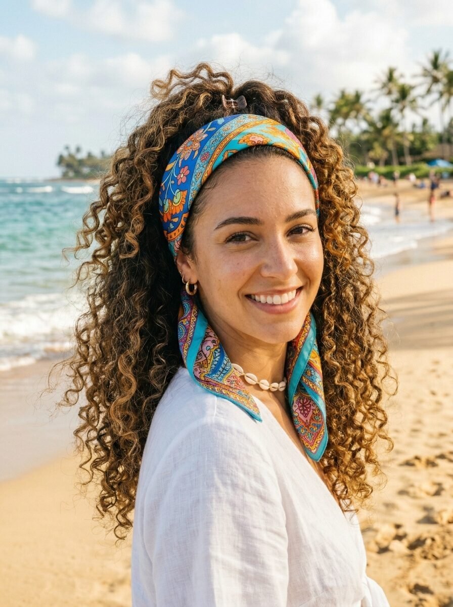 Close up of a woman with long curly hair and a colorful silk scarf on a tropical beach.