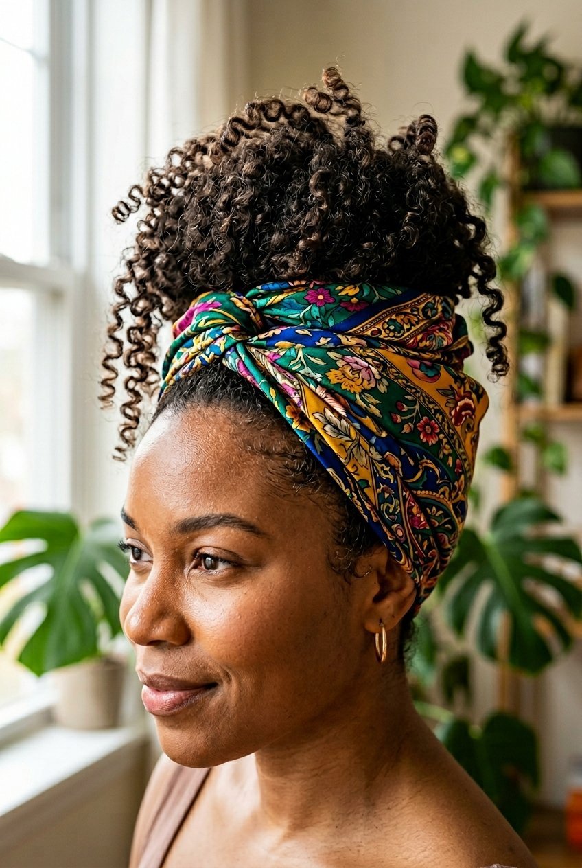 Side profile of a woman with curly hair wearing a twisted, multicolored silk headscarf in front of a window with plants.