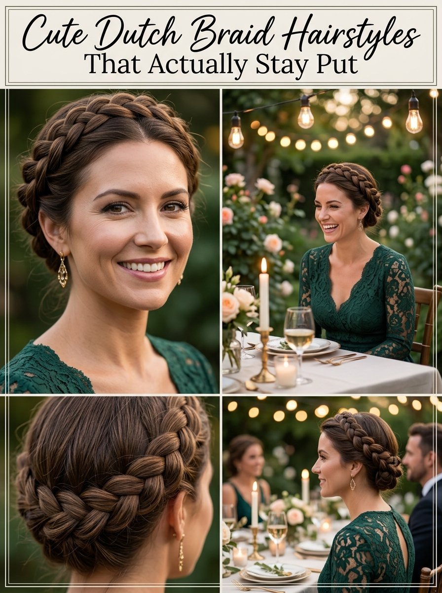 Close-up and wide shots of a woman wearing an elegant crown dutch braid hairstyle at an outdoor garden party.