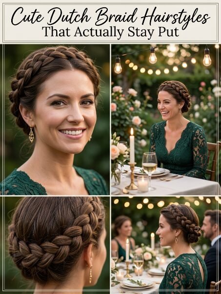 Close-up and wide shots of a woman styling her brown hair into a neat, elegant Dutch crown braid for an outdoor party.