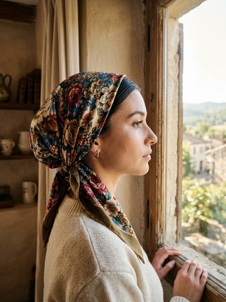 Profile view of a woman wearing a multicolored floral silk headscarf while gazing out of a sunlit window.