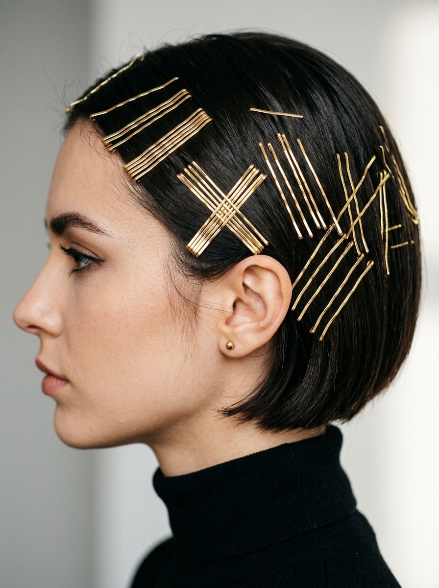 Close-up side profile of a woman with dark short hair styled with multiple crisscrossed gold hairpins.