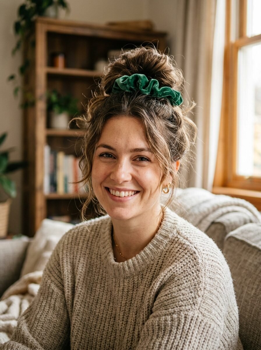 Portrait of a woman wearing a chunky sweater and a green hair accessory in a messy bun.