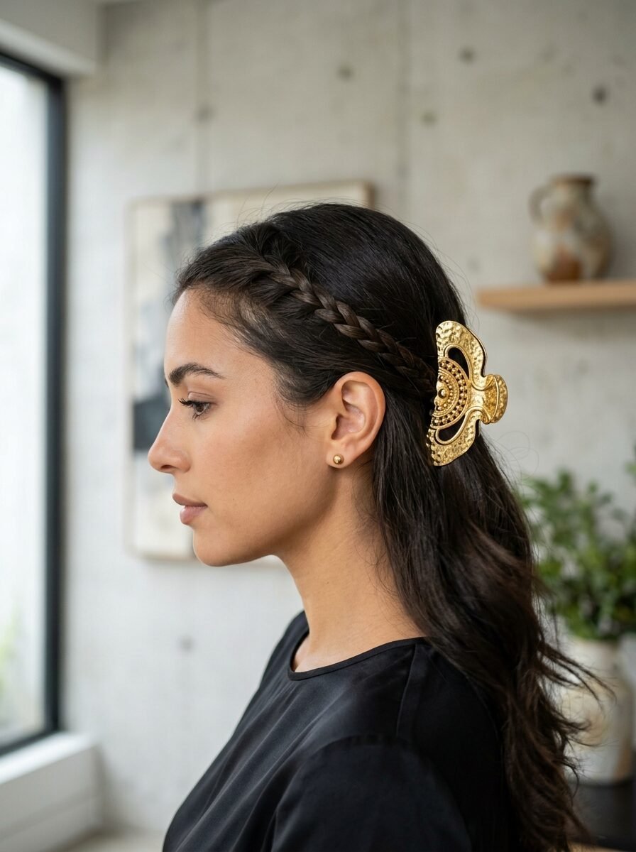 Side profile of a woman with braided dark hair held back by a large textured metal hair accessory.
