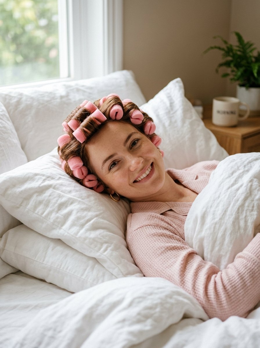 A smiling woman with foam hair curlers relaxing under white bedding in a sunlit bedroom.
