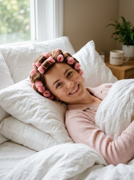 Happy woman lying in bed wearing pink foam rollers in her hair and a pink long sleeve top.