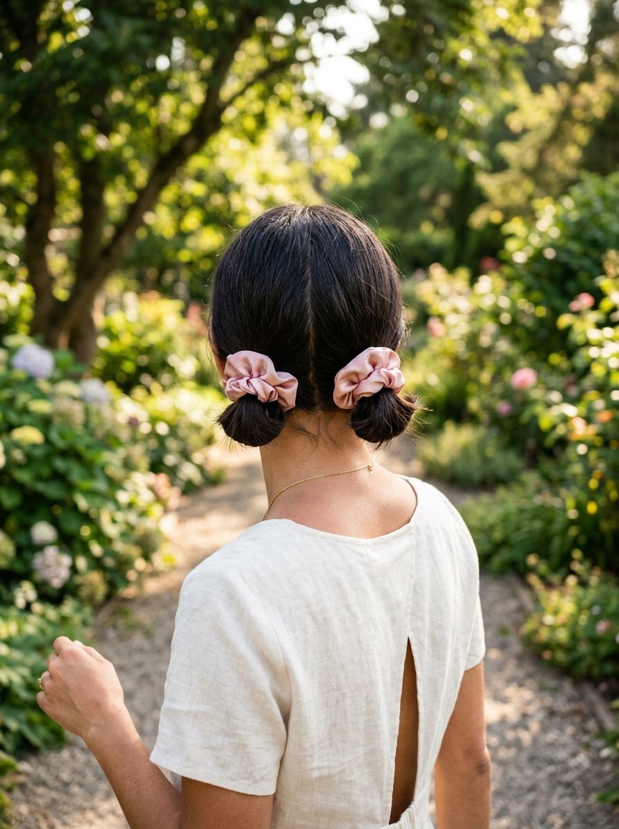 A person seen from behind wearing two low buns secured with soft pink silk hair accessories in a sunlit garden.