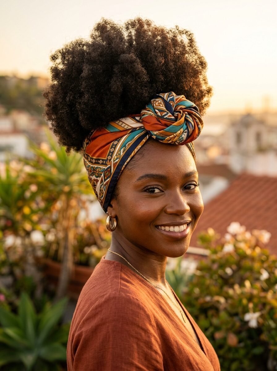 Portrait of a joyful Black woman with a large afro wearing a colorful vintage-style turban.