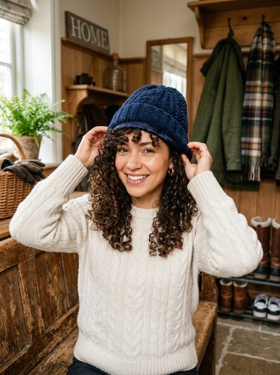 Young woman with long curly brown hair smiling while putting on a navy blue ribbed knit beanie indoors.