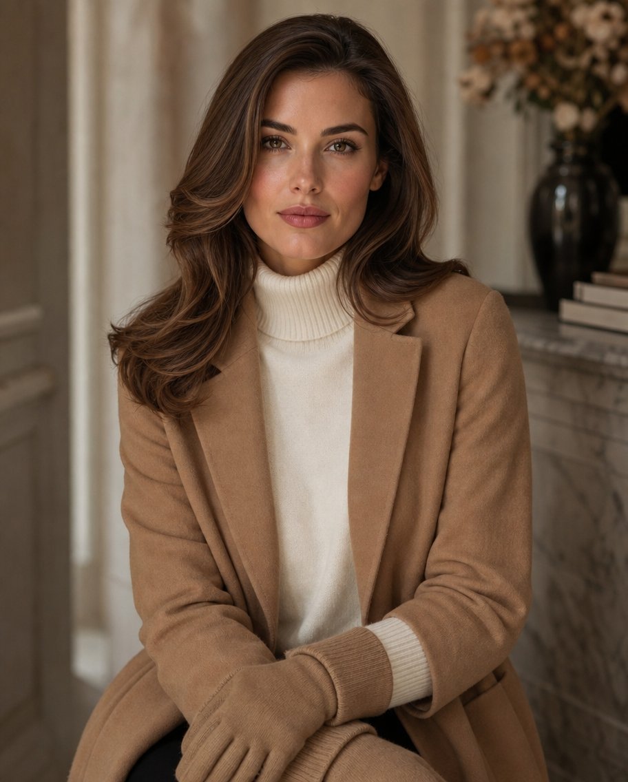 Portrait of a woman with long wavy brown hair wearing a white turtleneck sweater and a tan wool overcoat.