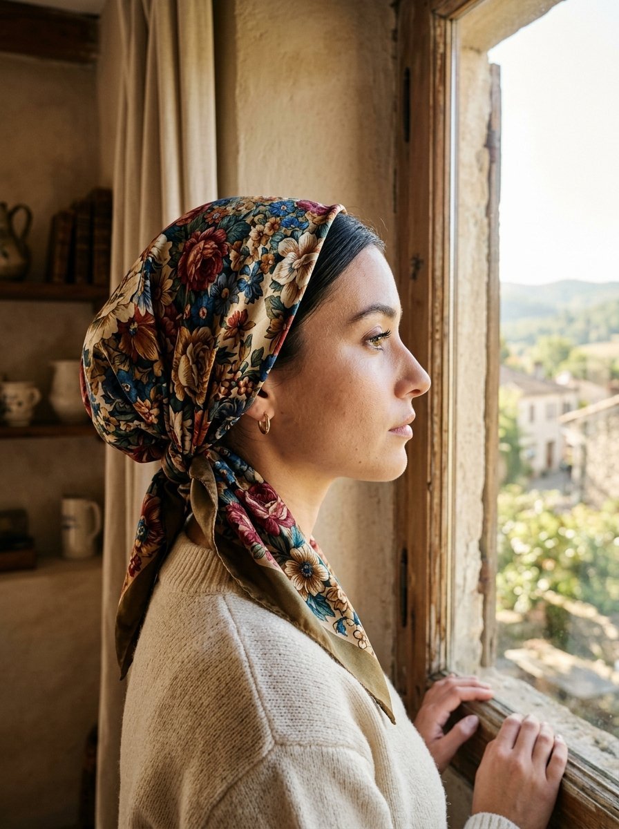 Profile view of a young woman wearing a colorful vintage floral headscarf while gazing out of a sunlit window.