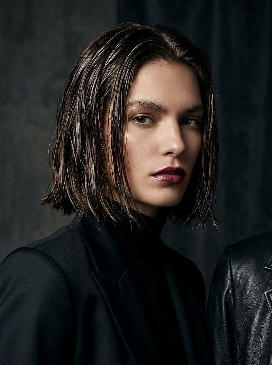 Portrait of a woman with dark wet-look hair, bold plum lips, and a black turtleneck jacket.