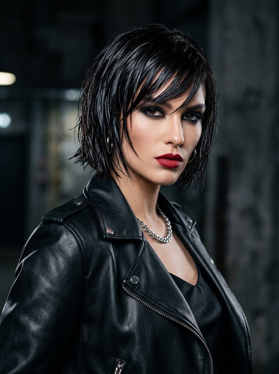 Close-up of a stylish woman with short wet dark hair, heavy eyeliner, and red lipstick in a leather coat.