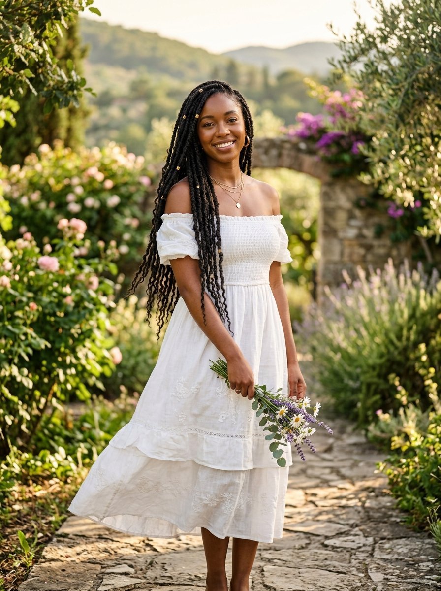 Young Black woman with long braids wearing a white off-the-shoulder dress stands on a garden path with a bouquet.