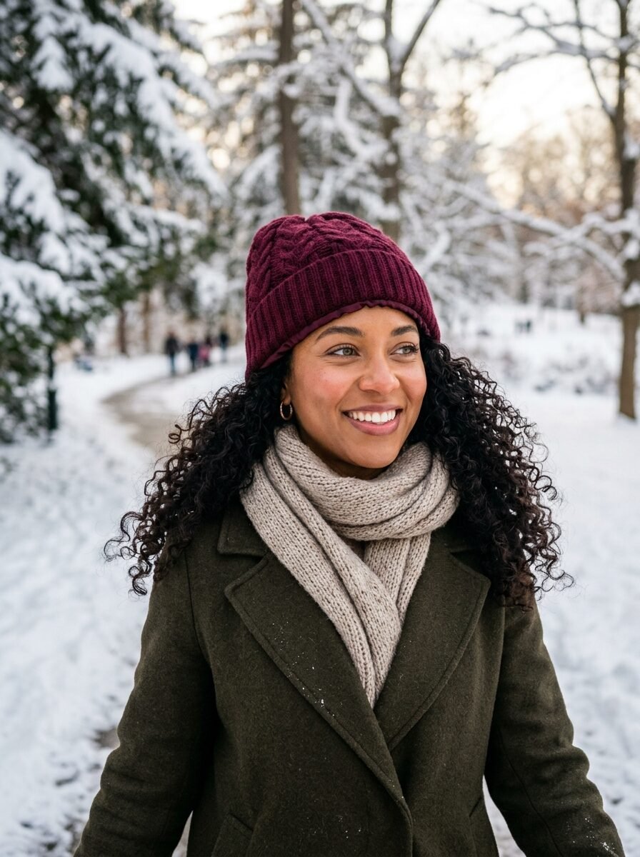 Portrait of a smiling woman in a maroon knit hat and beige scarf walking through a snowy park.