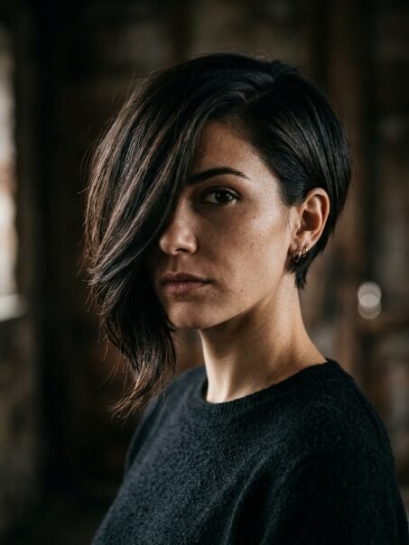 Close-up of a person with a short, asymmetrical dark haircut wearing a black textured sweater.