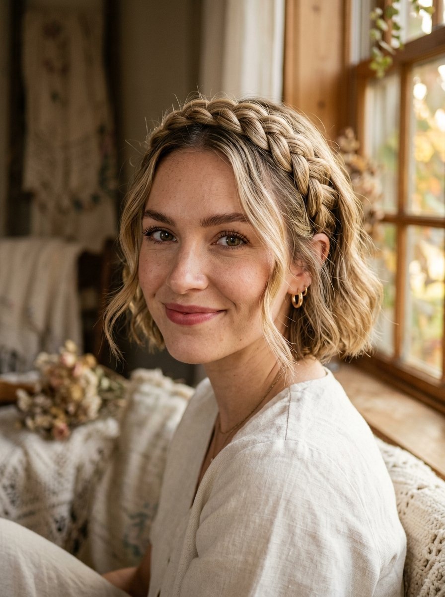 Portrait of a woman with a bohemian braided headband hairstyle near a sunlit window.
