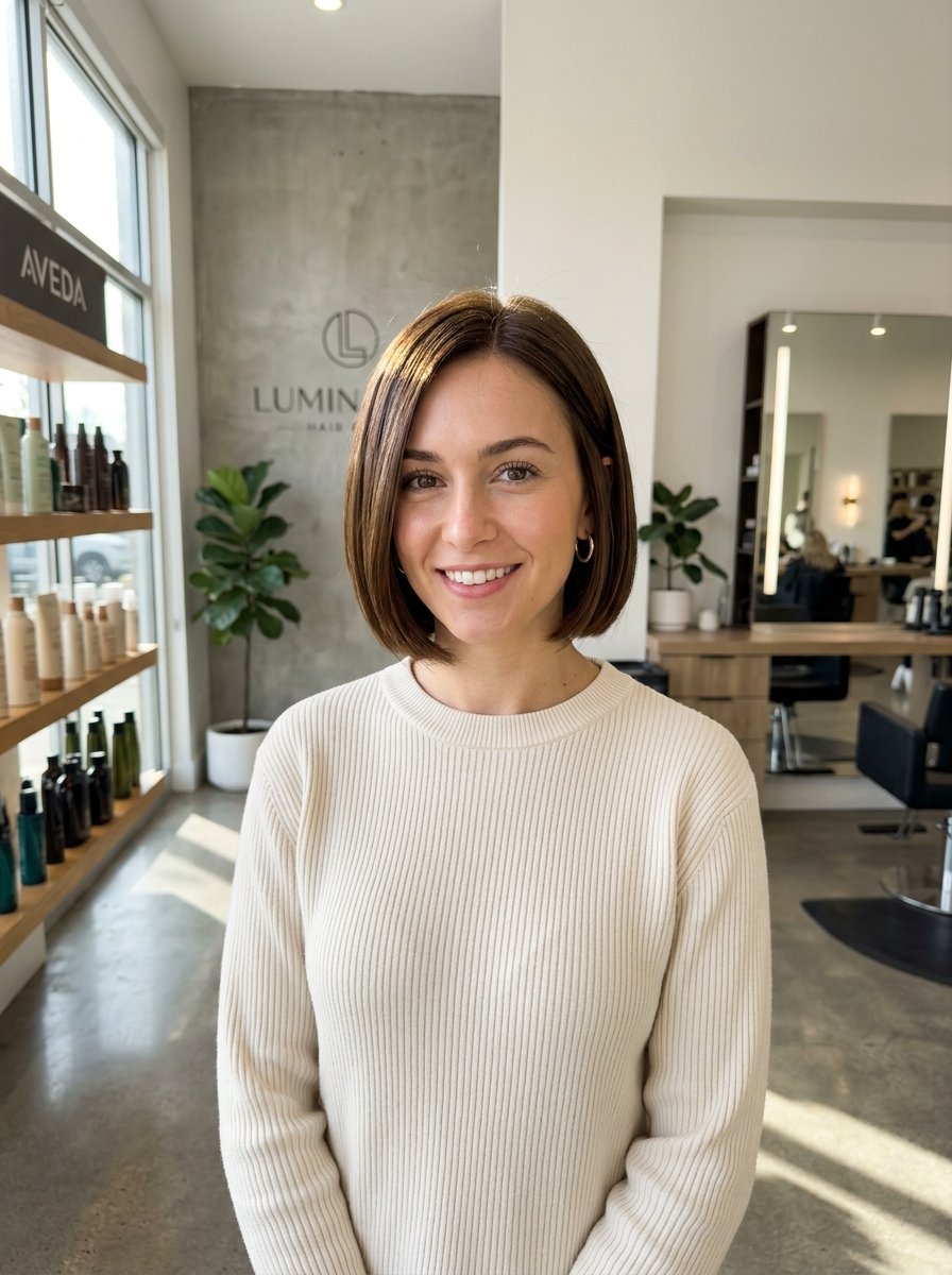 Smiling brunette with a chin-length bob hairstyle wearing a cream sweater in a hair salon.
