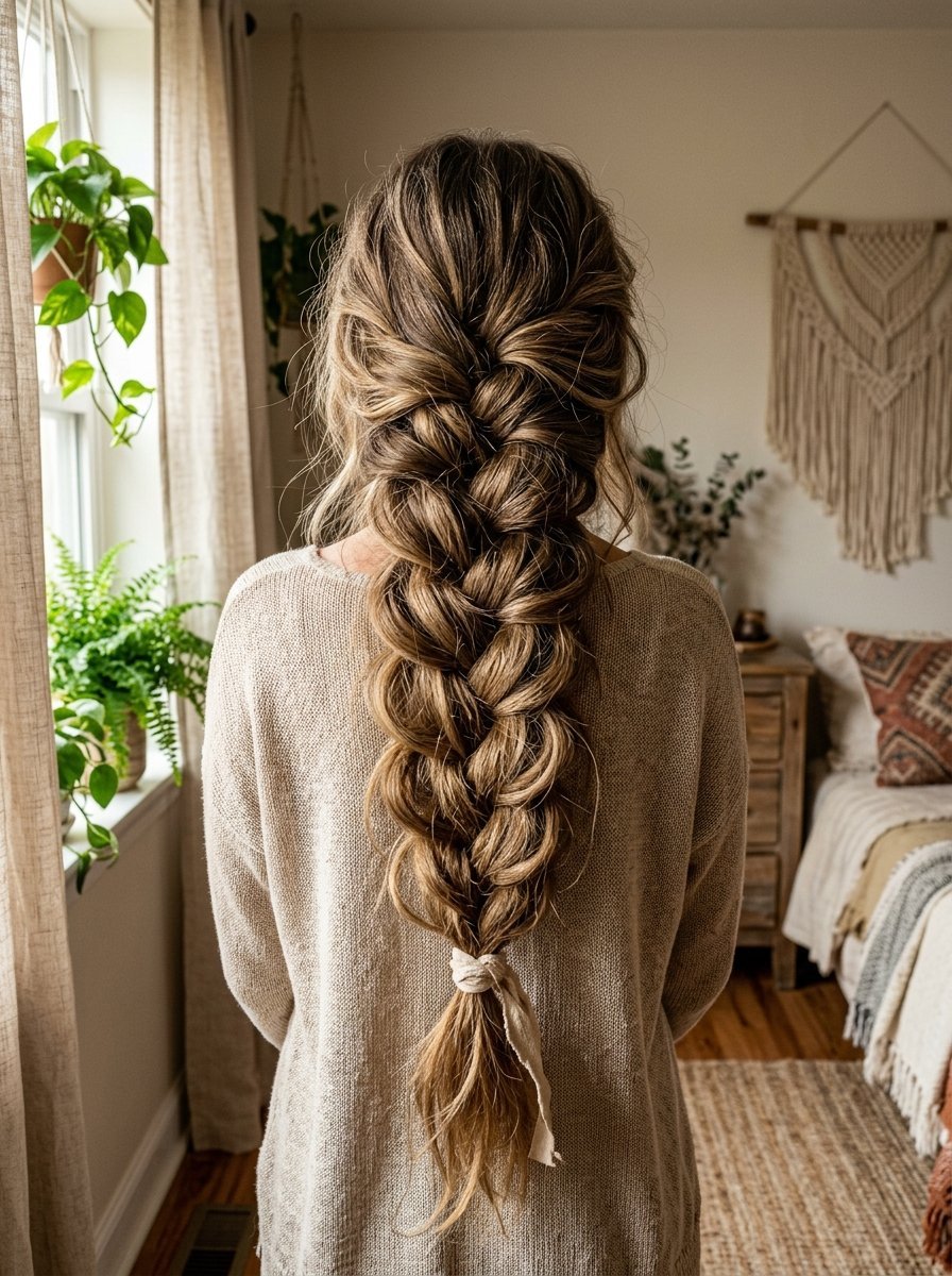 Back view of a woman with long highlighted hair styled in a thick messy braid, wearing a cozy knit sweater.