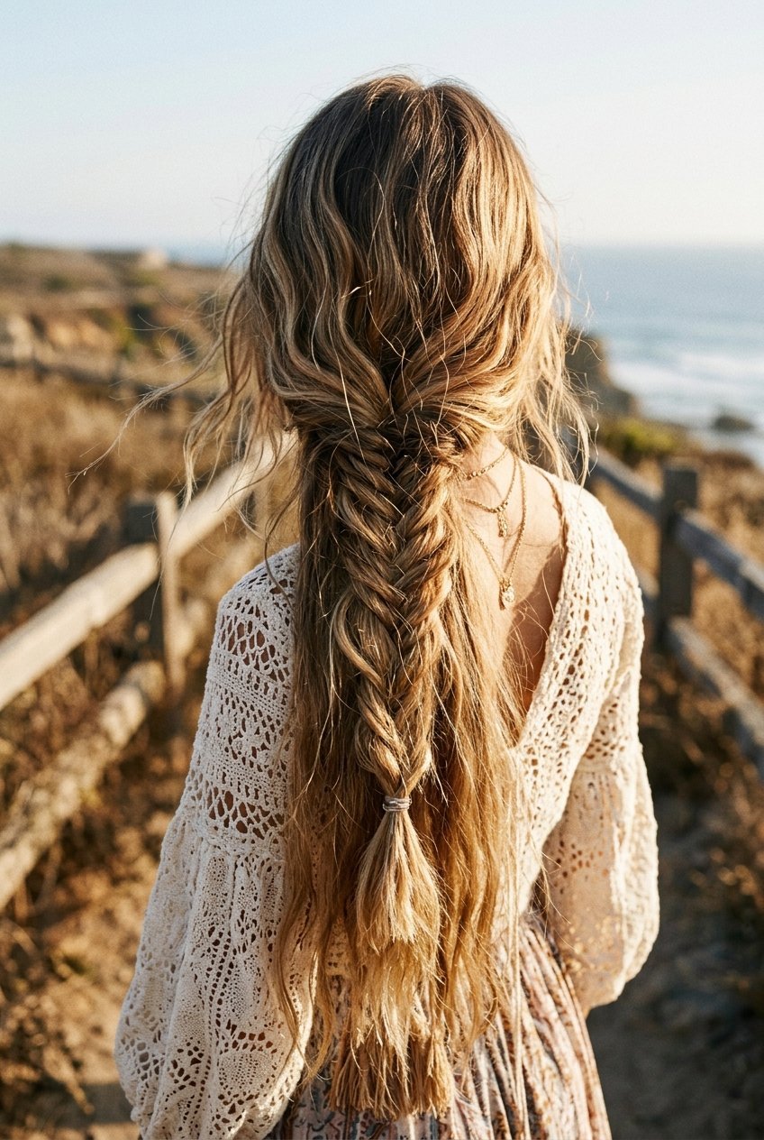 Close up of a woman from behind with a messy fishtail braid wearing a white lace crochet top by the coast.