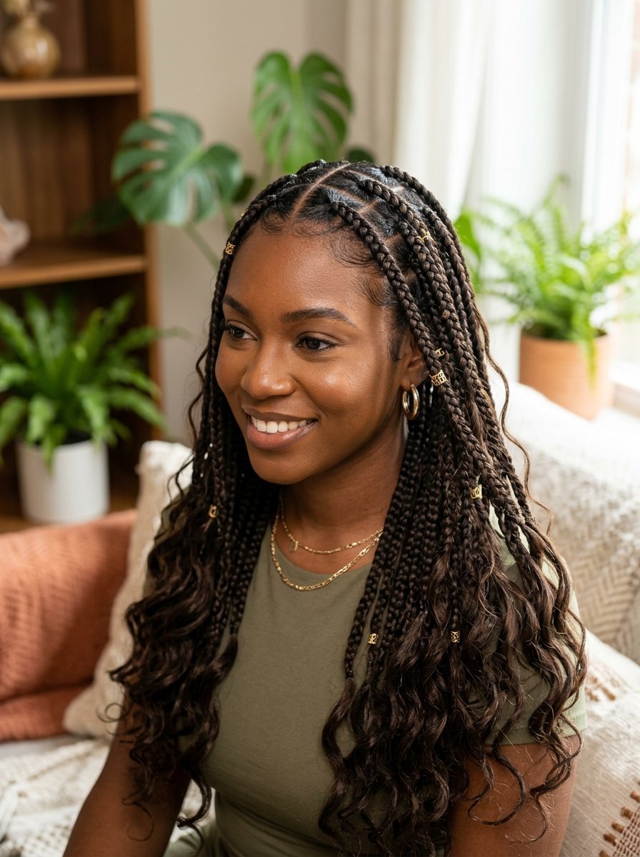 A smiling woman with dark box braids styled with gold cuffs, wearing a green shirt in a sunlit living room.