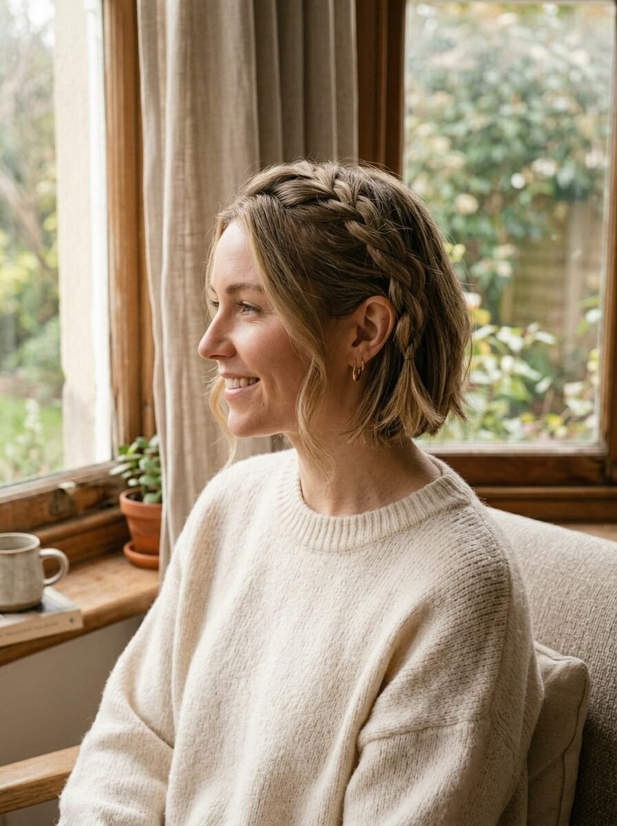 Profile view of a woman in a cream sweater wearing a French braid in her short bob hair while sitting indoors.