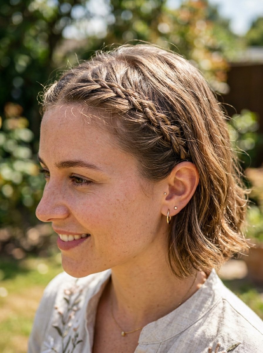 Profile view of a woman with short wavy hair featuring a crown braid wearing gold hoop earrings outdoors.