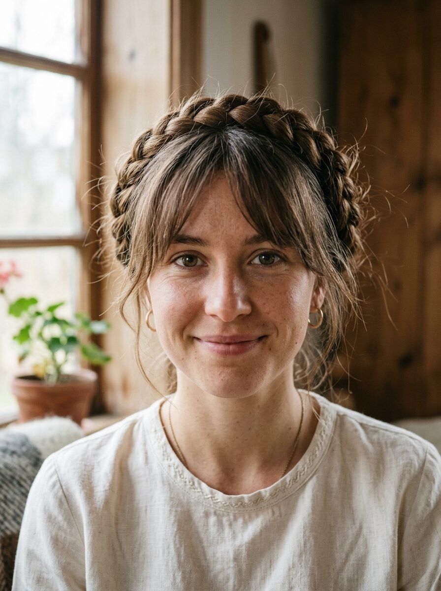 Portrait of a woman with bangs and hair braided in a halo style, wearing a cream linen shirt and gold hoop earrings.