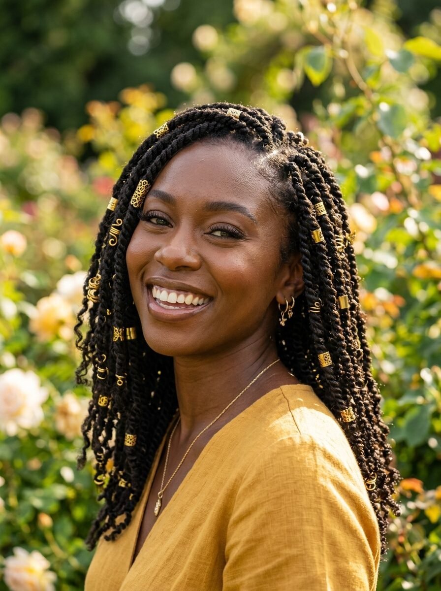 Close up of a happy Black woman with twisted braids adorned with gold jewelry in a garden setting.