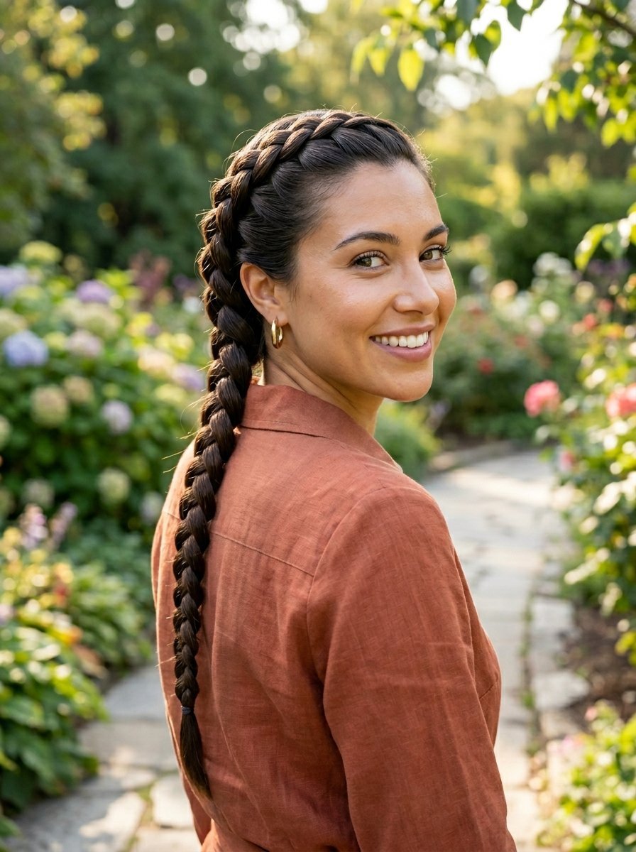 A woman wearing a terracotta linen shirt looks over her shoulder, showing her long, neatly braided hair.